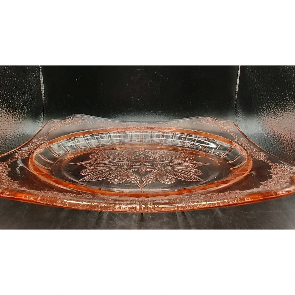 Vintage Jeanette Pink Depression Glass Curved Platter Adam Pattern 11.75